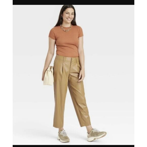 492 A New Day Women’s Faux Leather Cropped Pants | Tan Vegan Leather Trousers - Picture 2 of 3